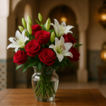 Professional bouquet of red roses and white lilies in a Moroccan riad setting for same-day flower delivery in Marrakech